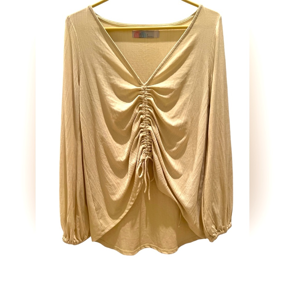FP BEACH | yellow long sleeved ruched w/drawstring front coverup small
